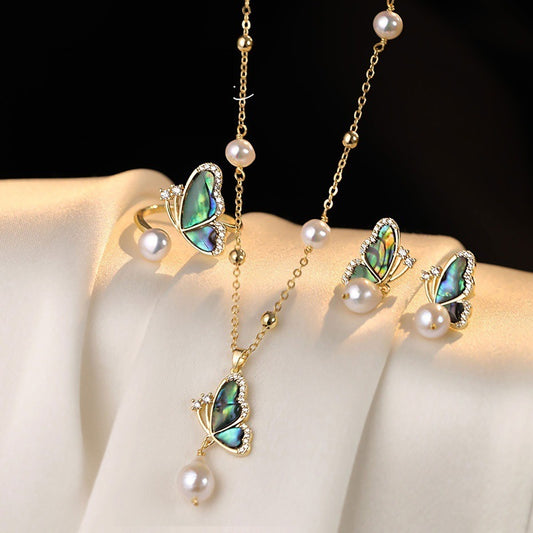 Abalone Shell Butterfly Necklace Ear Stud Ring Suit