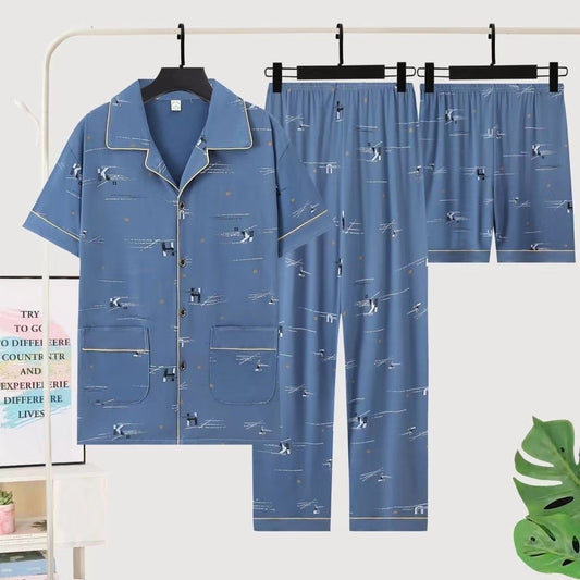 Men's Pajama Three-Piece Suit - Adult Short-Sleeve Sleepwear Set