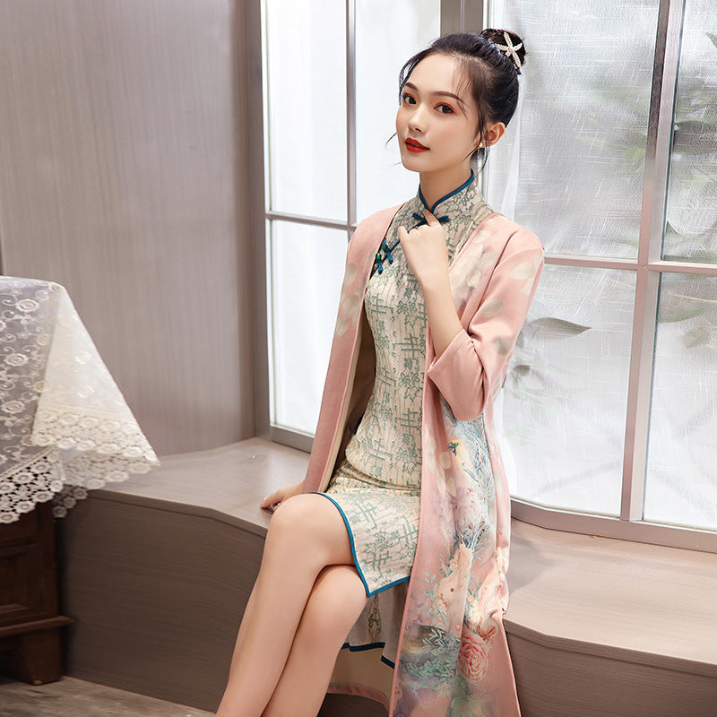 Medium Length Cheongsam - Suede Aodai Dress