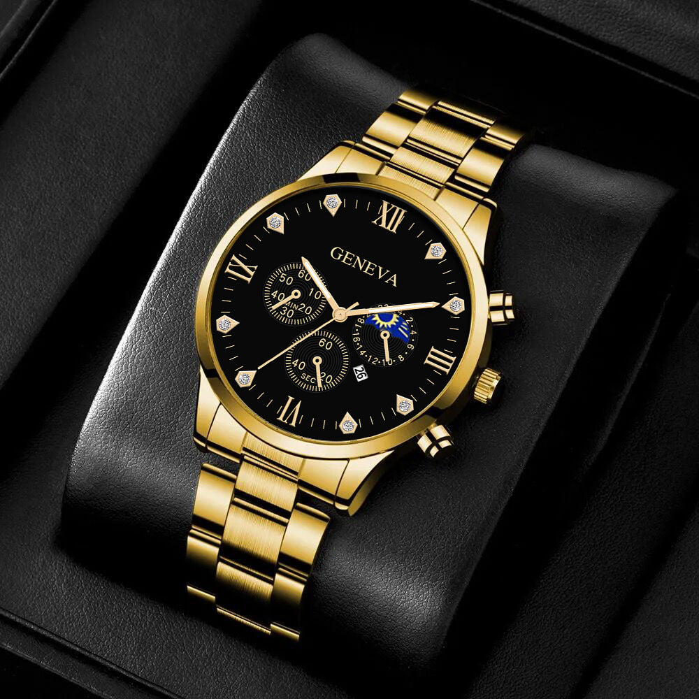 Fashion Business Men's Steel Watch - Gold Bracelet Set
