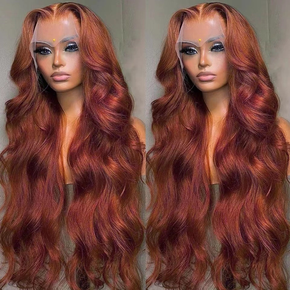 Two views of a red wig on a mannequin head with a plain background