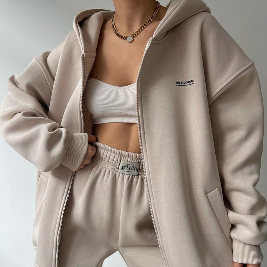 Women's Long Sleeve Fleece Pullover Trousers Fashion Printed Hooded Suits - Cozy Set
