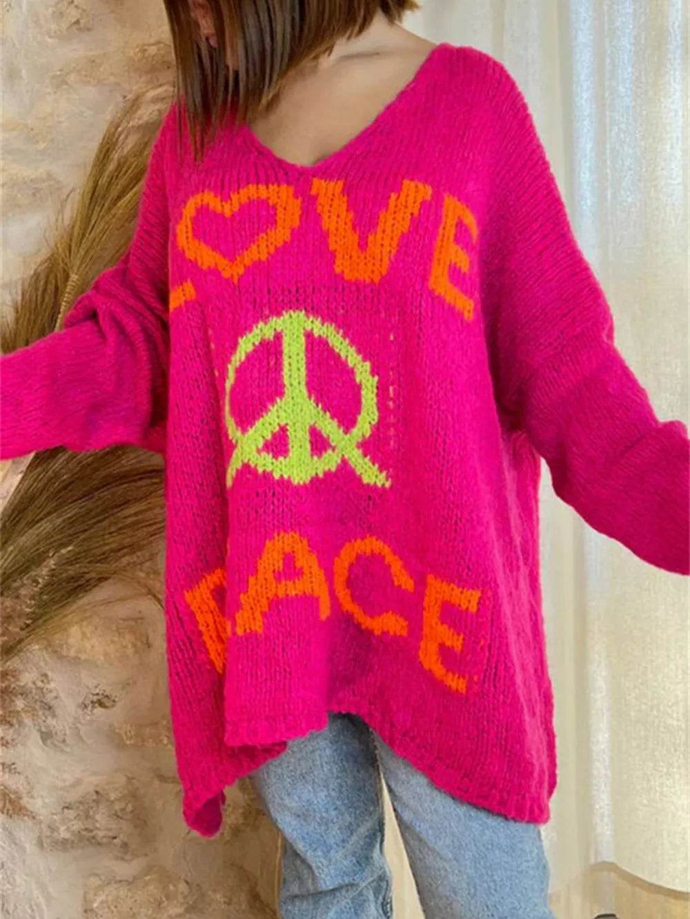 Peace Graphic V-Neck Long Sleeve Sweater - Millivan supplies