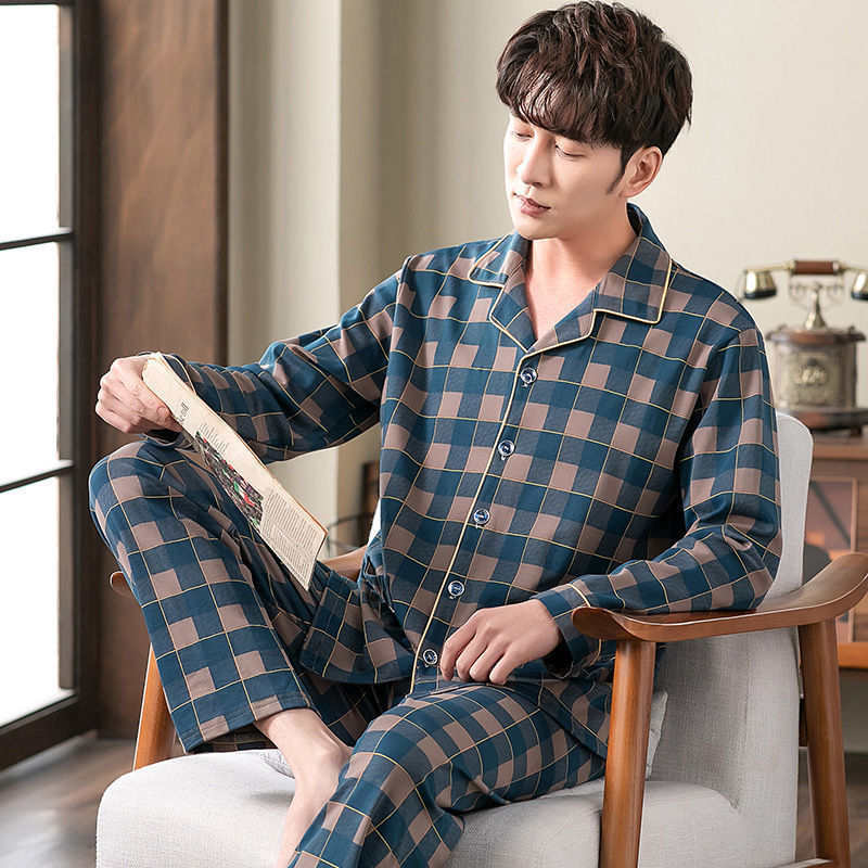 Men's Cotton Pajama Suit - Adult Autumn Winter Long-Sleeve Home Wear