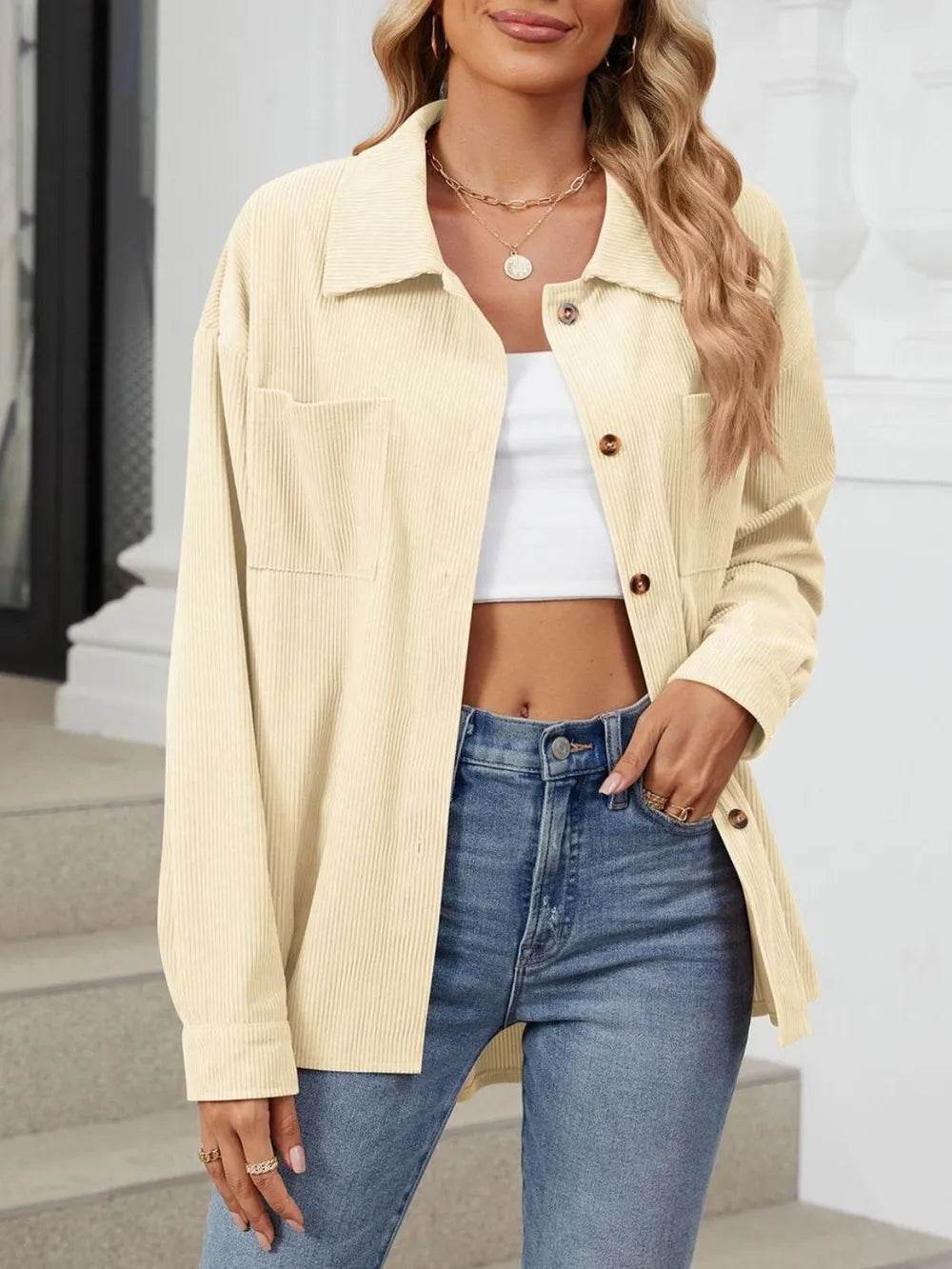 Button Up Dropped Shoulder Long Sleeve Outerwear - Millivan supplies