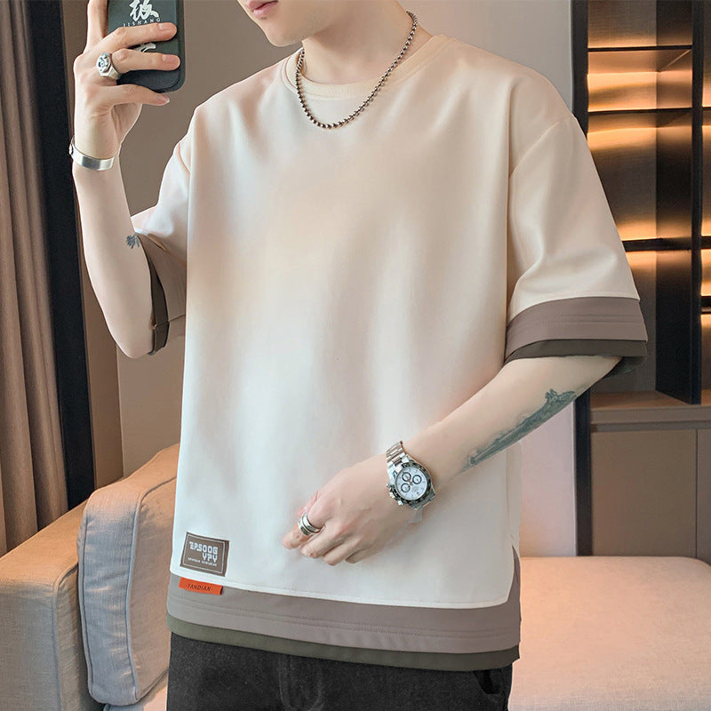 Men's Japanese Color Matching Three-Piece Shirt - Adult Short Sleeve Stitching Design
