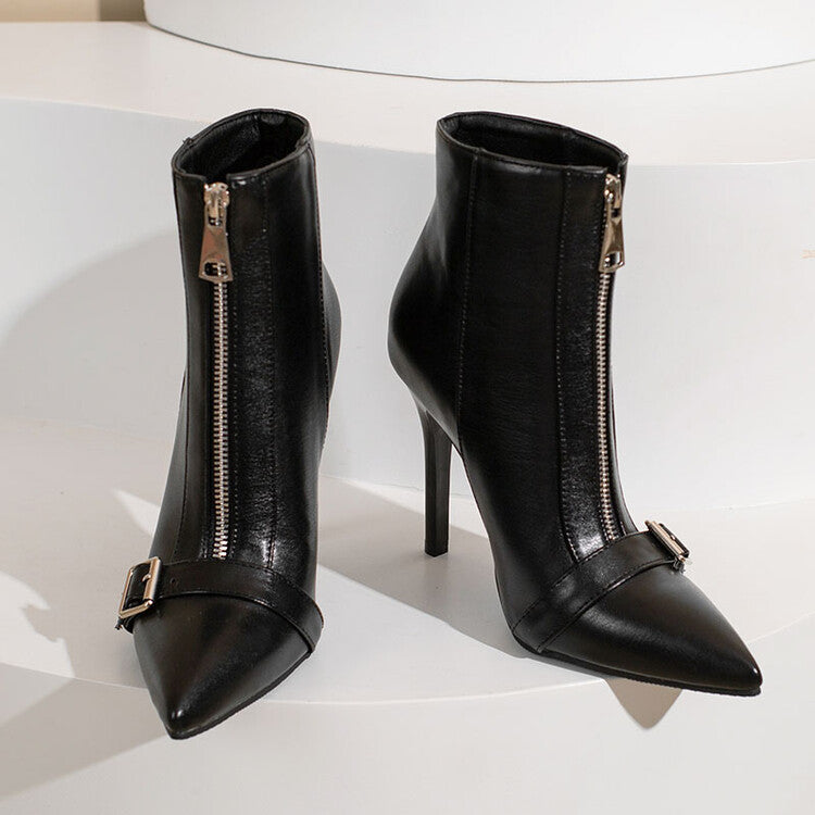 Women's Belt Buckle High Heel Boots - Front Zipper Ankle Boots