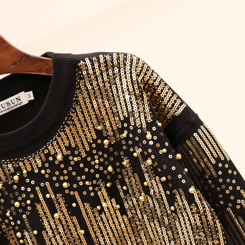 Sequined Beaded Long-Sleeve Knitwear Casual Pants Set
