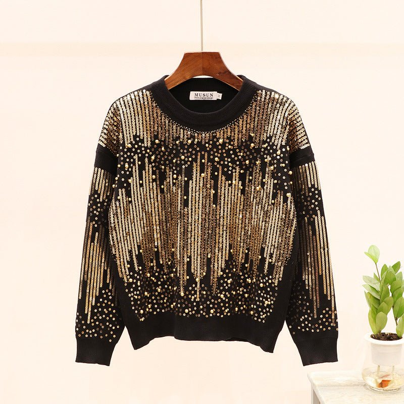 Sequined Beaded Long-Sleeve Knitwear Casual Pants Set