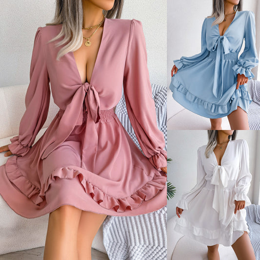 Women's V-Neck A-Line Summer Beach Dress - Long Sleeve