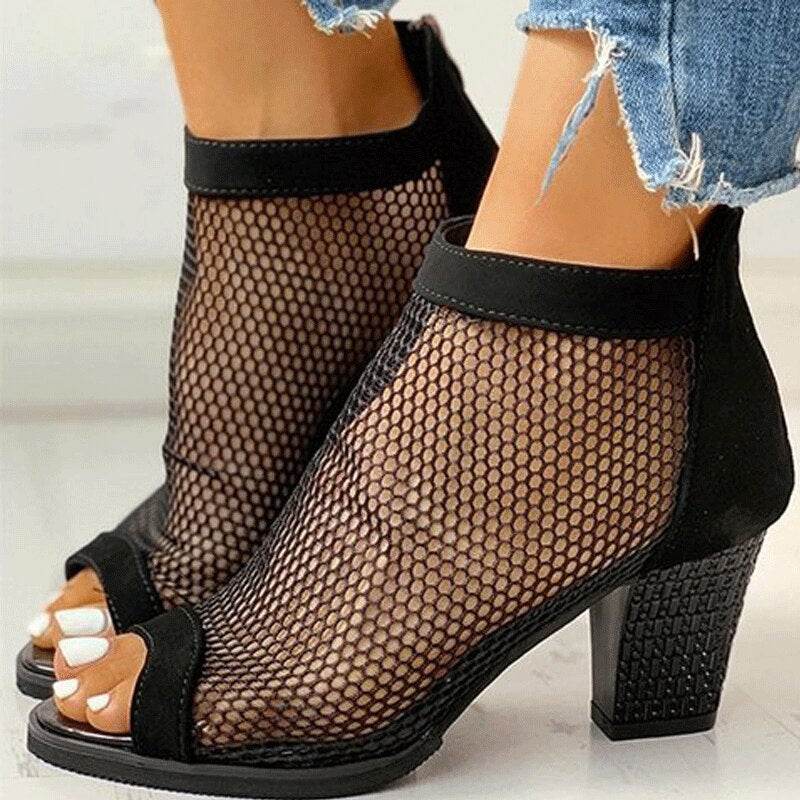 Large size thick heel mesh zipper sandals women - Millivan supplies