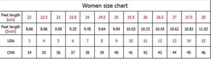 Women's size chart for feet length in centimeters and inches, with corresponding USA and China sizes.