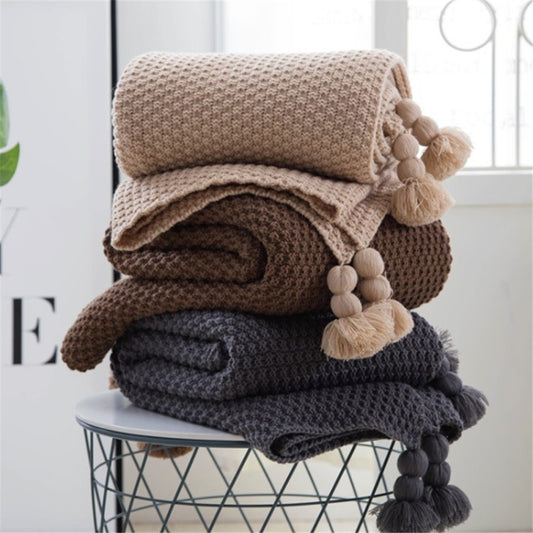 Nordic Fringed Knit Ball Blanket Wool Blanket Office Air Conditioning Lunch Break Shawl Sofa Leisure Blanket - Acrylic 900g