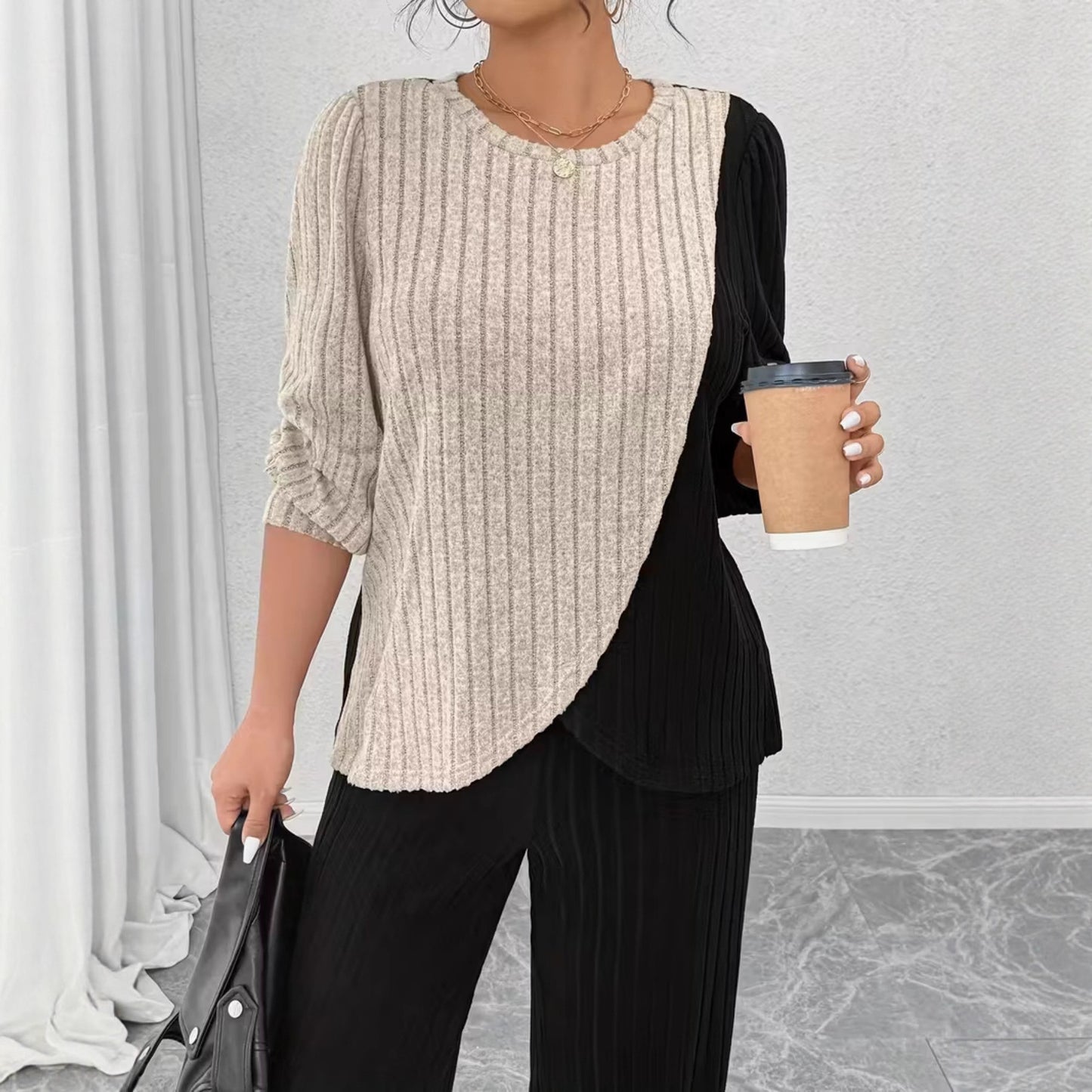 Women's Colorblock Top & Straight-Leg Pants Set