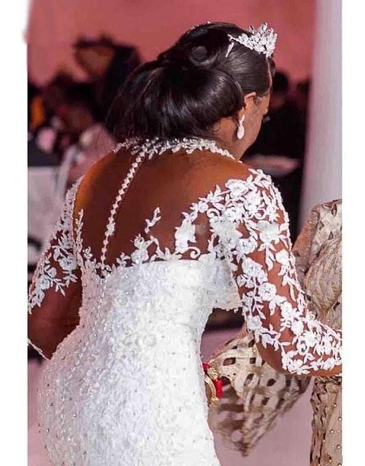 Women's Long Sleeve Mermaid Wedding Dress – Pearl Lace 3D Cut Bridal Gown | White | US Size 2–16