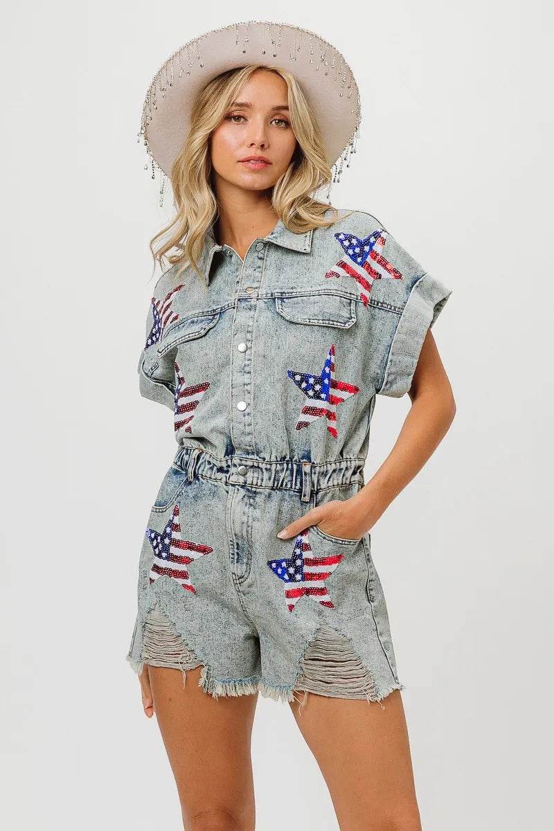 BiBi American Flag Washed Romper - Millivan supplies