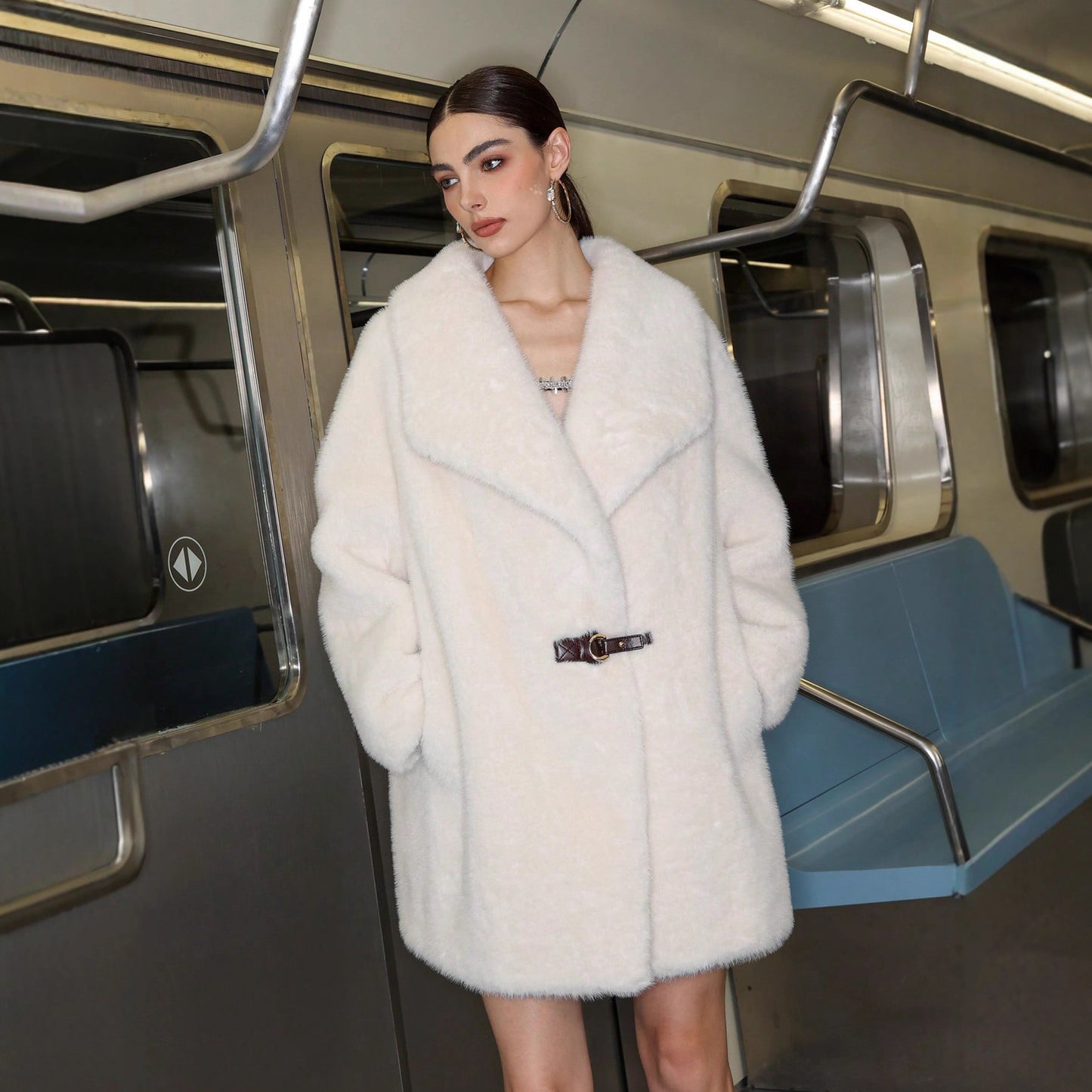 Women's Casual Versatile Collared Warm Fur Jacket - White Polyester Long Sleeve 80cm with Belt