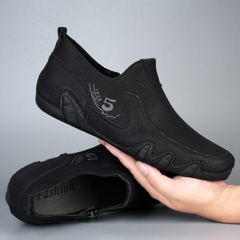Men's Mid-top Zipper Casual Leather Shoes - Korean Style Cowhide Gommino Shoes