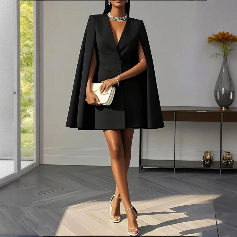 Woman wearing a black cape dress in a modern interior setting