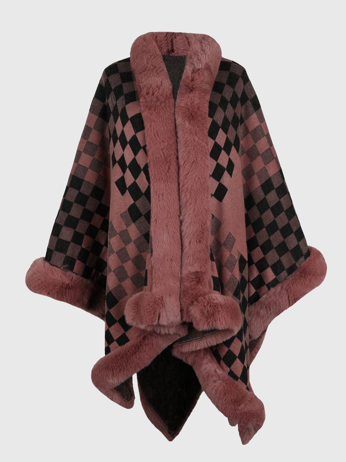 Checkered Faux Fur Trim Poncho - Millivan supplies