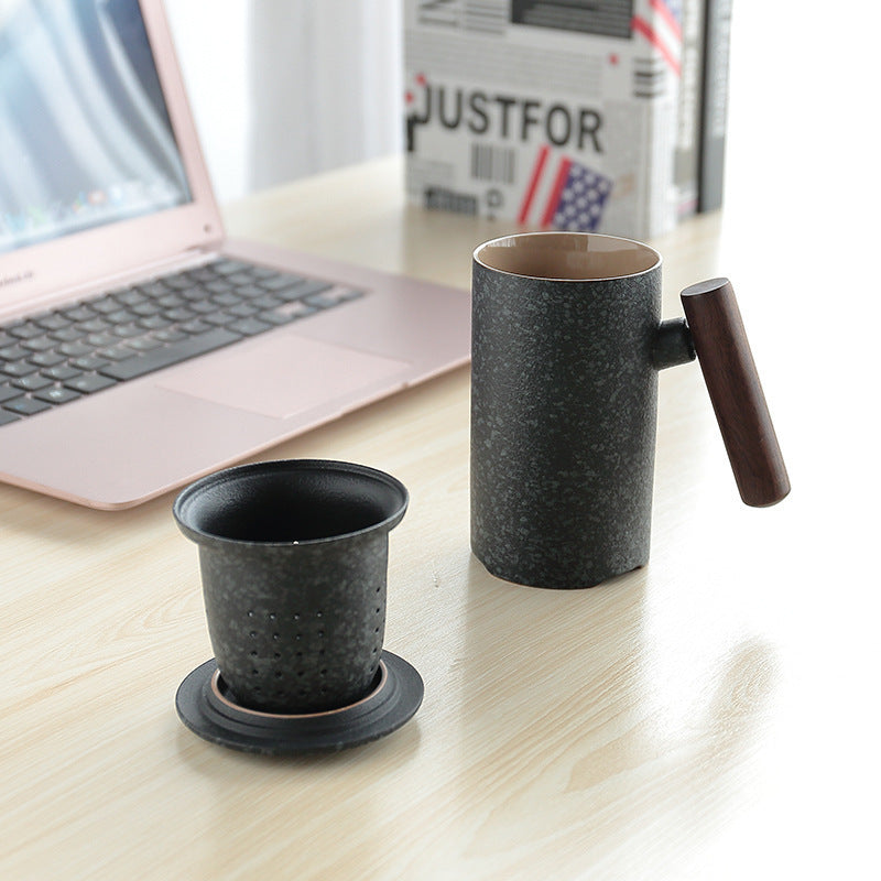 Japanese Ceramic Tea Mug - Wooden Handle Chinese Style