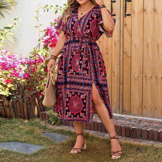 Retro Plus-sized Loose Printed Dress - Casual V-neck Dress - Millivan supplies