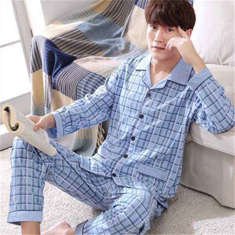 Men's Cotton Pajama Suit - Adult Autumn Winter Long-Sleeve Home Wear