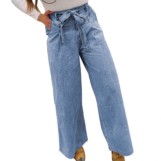 Women's High-Waist Straight-Leg Jeans With Bow Detail | Light Blue | UK 4–14