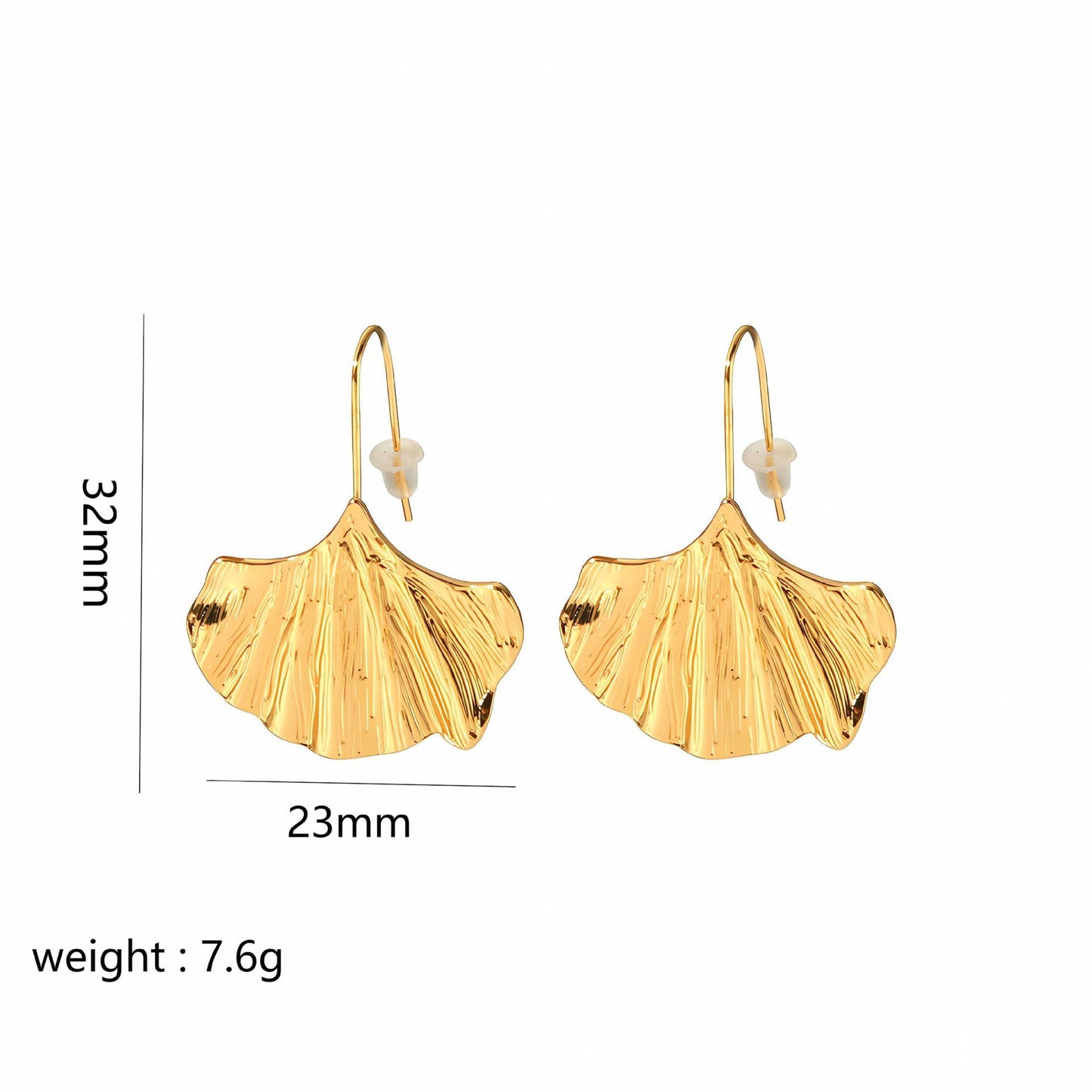 Gold leaf-shaped earrings with measurements and weight on a white background