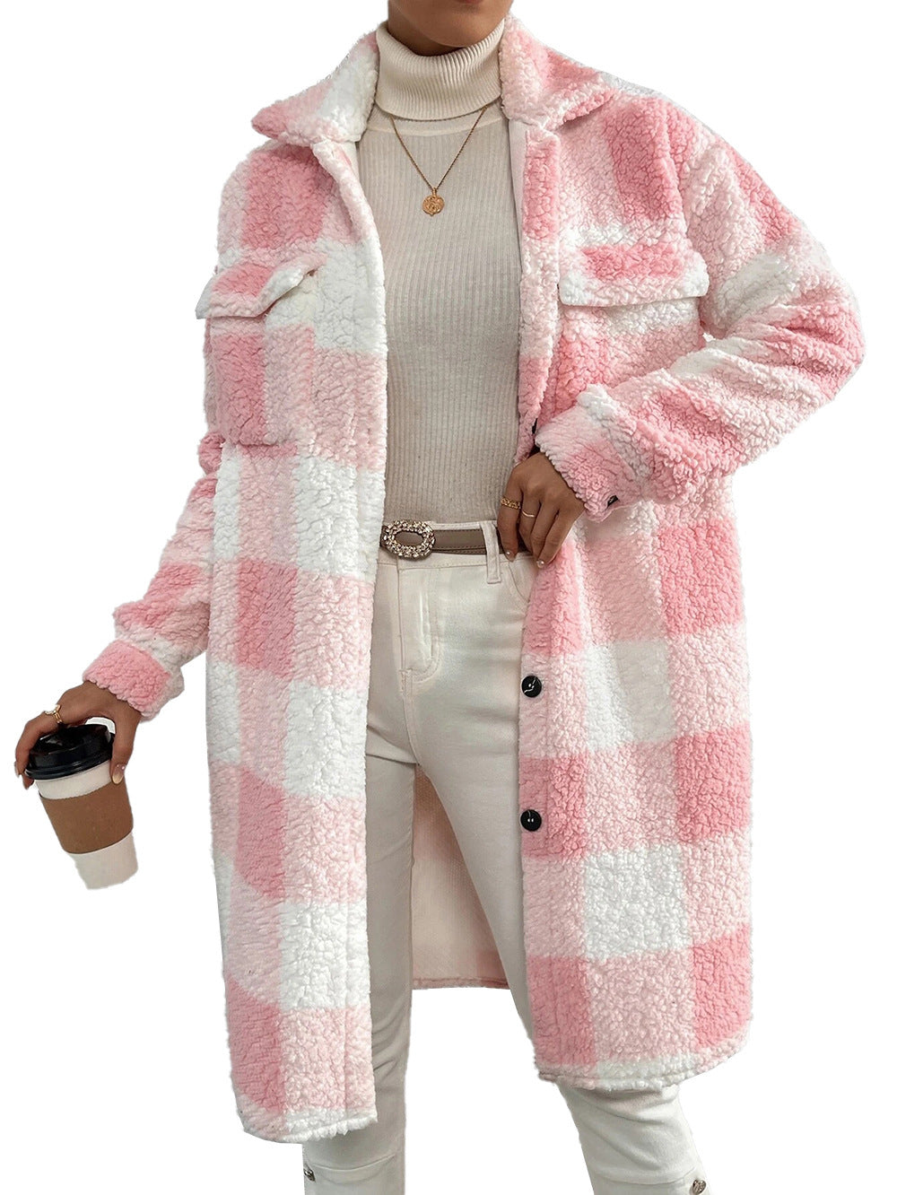 Button Lapel Plush Plaid Coat Loose - Women's Checkered Polyester Jacket 80cm