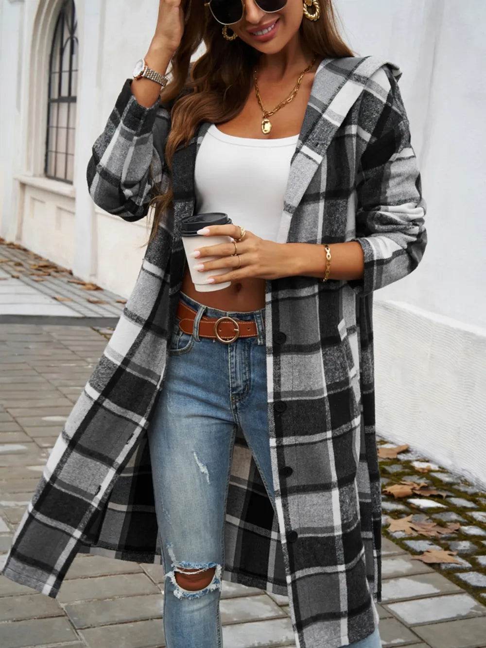Devine Plaid Long Sleeve Hooded Coat - Millivan supplies