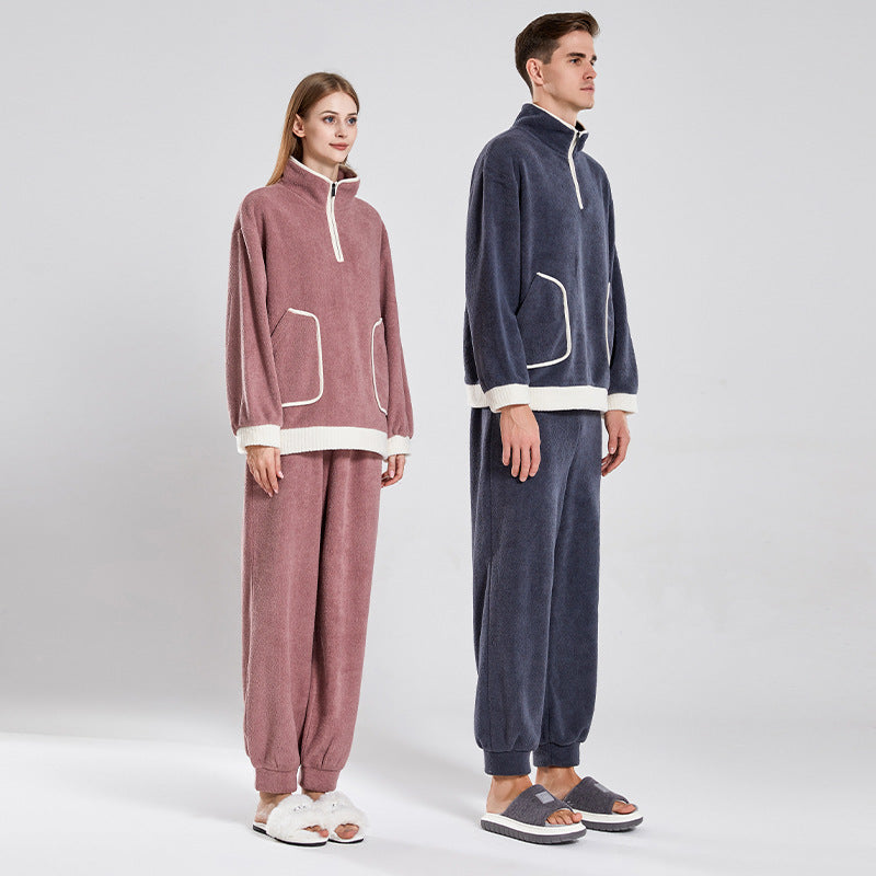Fashionable Simple Waxberry Velvet Warm Outerwear Couple Pajamas - Matching Set