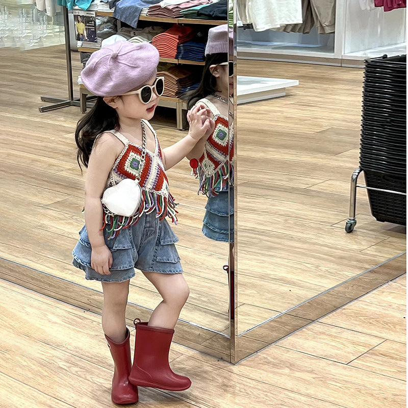 Girls' Hollow Knitted Short Tassel Camisole National Style Top Thin Cake Shorts Two-piece Set