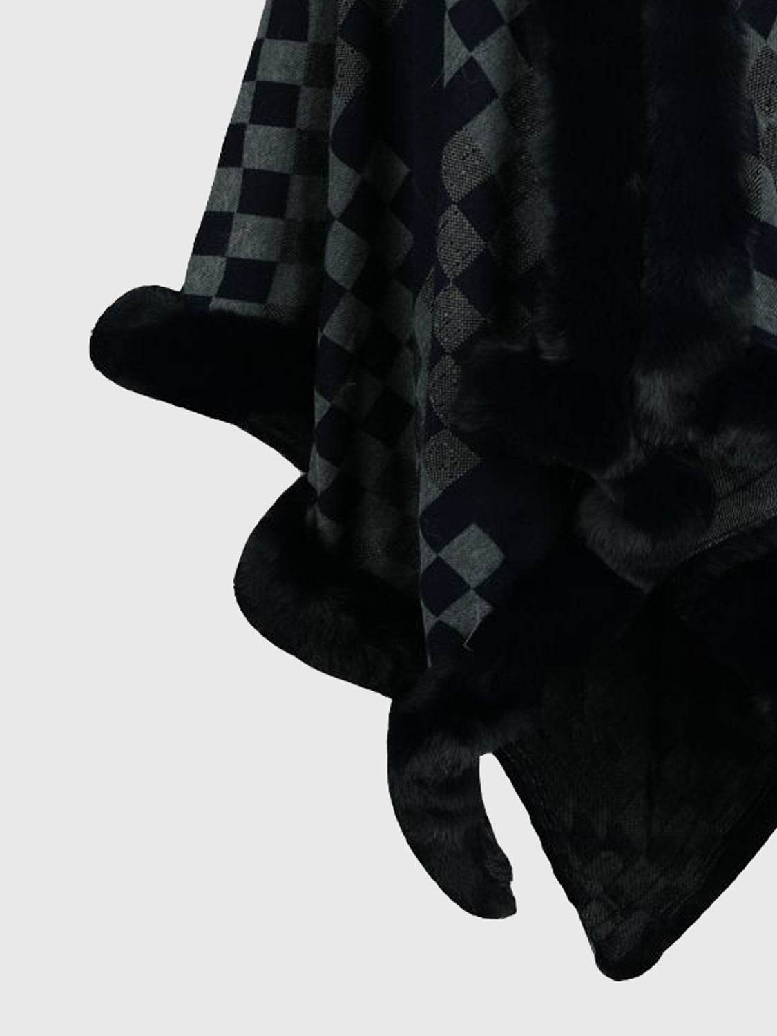 Checkered Faux Fur Trim Poncho - Millivan supplies