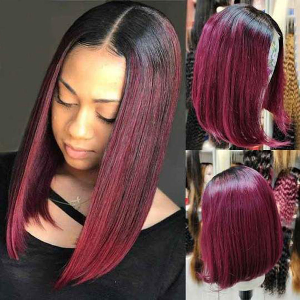 Woman with burgundy and black hair, close-up and side views.