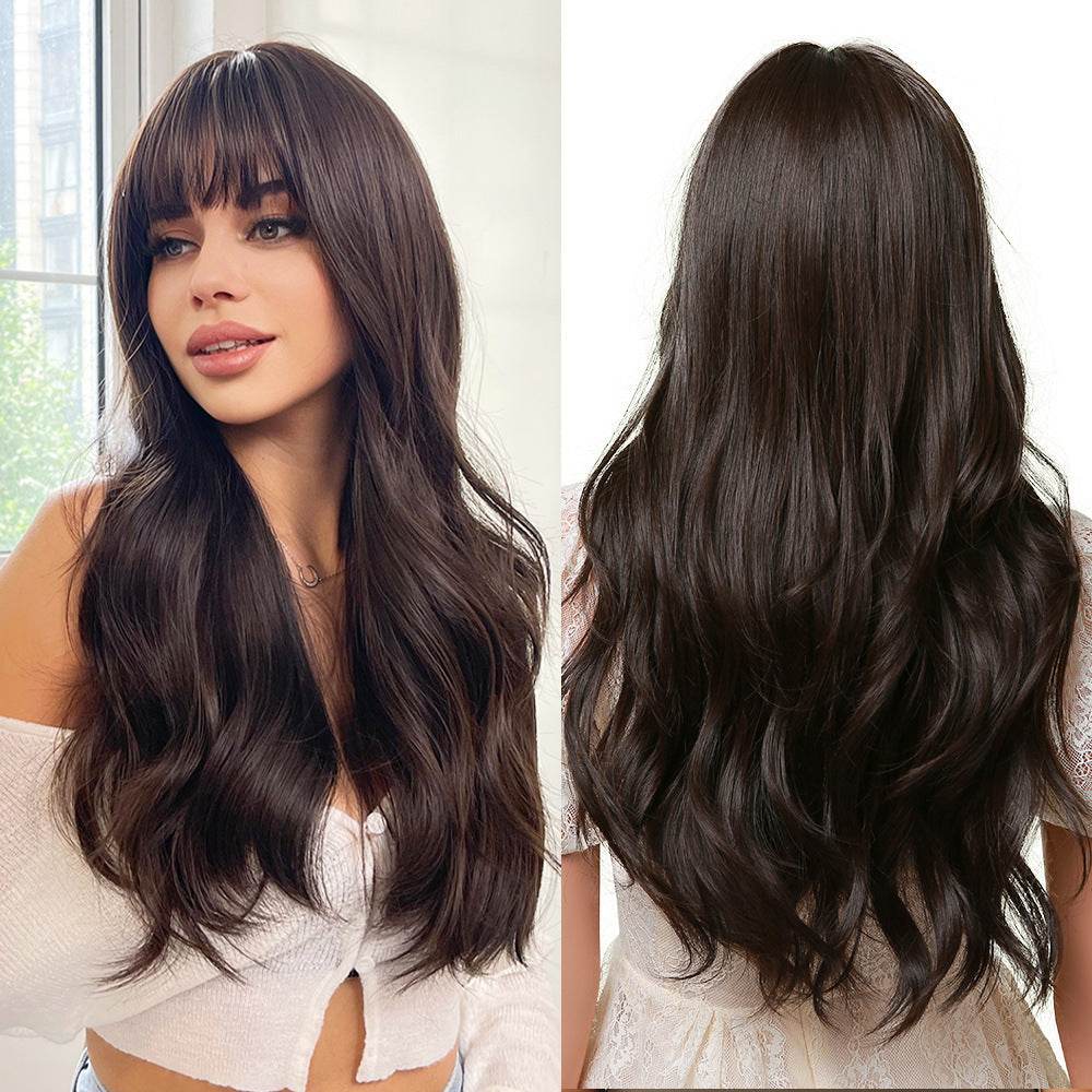 Long Brown Wigs With Bangs Wave Synthetic For Women - Millivan supplies