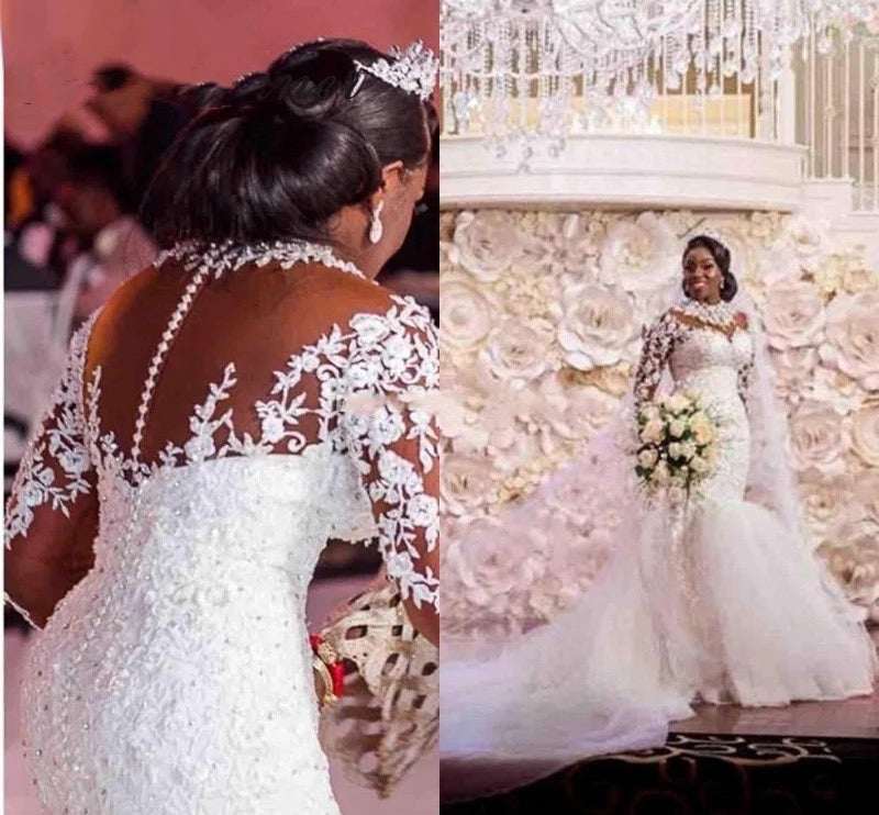 Women's Long Sleeve Mermaid Wedding Dress – Pearl Lace 3D Cut Bridal Gown | White | US Size 2–16