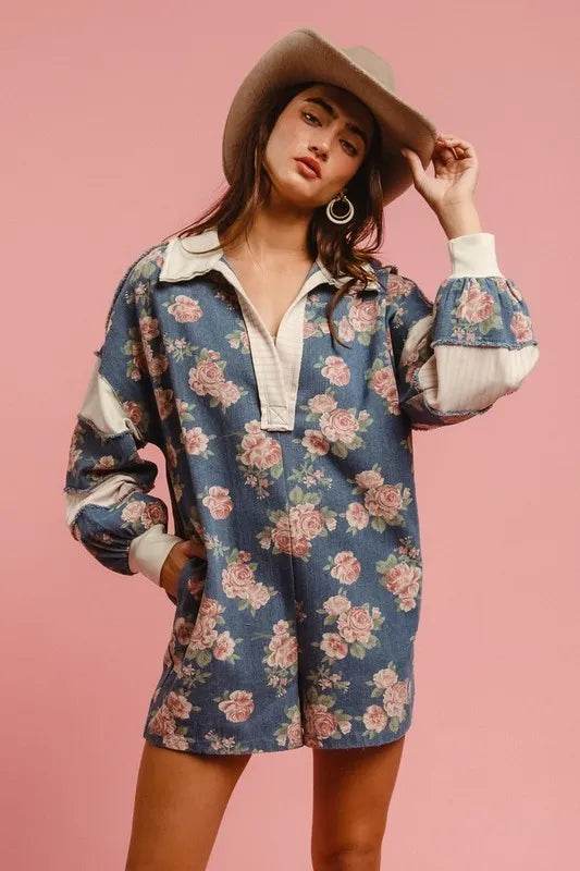 BiBi Washed Floral Denim Romper With Contrast Collar - Millivan supplies