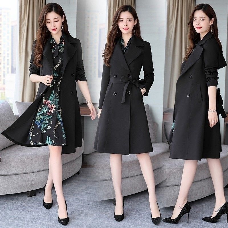 Women's Slim OL Trench Coat - Adult Professional Black Coat