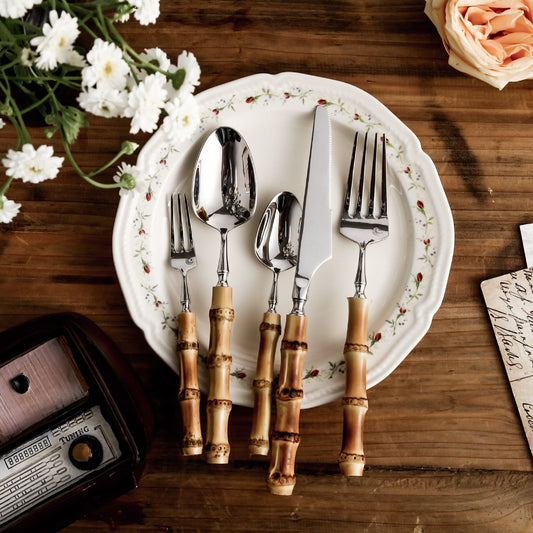 Ins Western Stainless Steel Steak Net Red Ice Cream Spoon Knife And Fork - Bamboo Handle Set