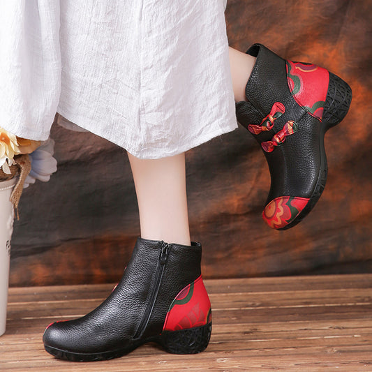 Boots leather women's short boots thick heel bow and cotton warm shoes