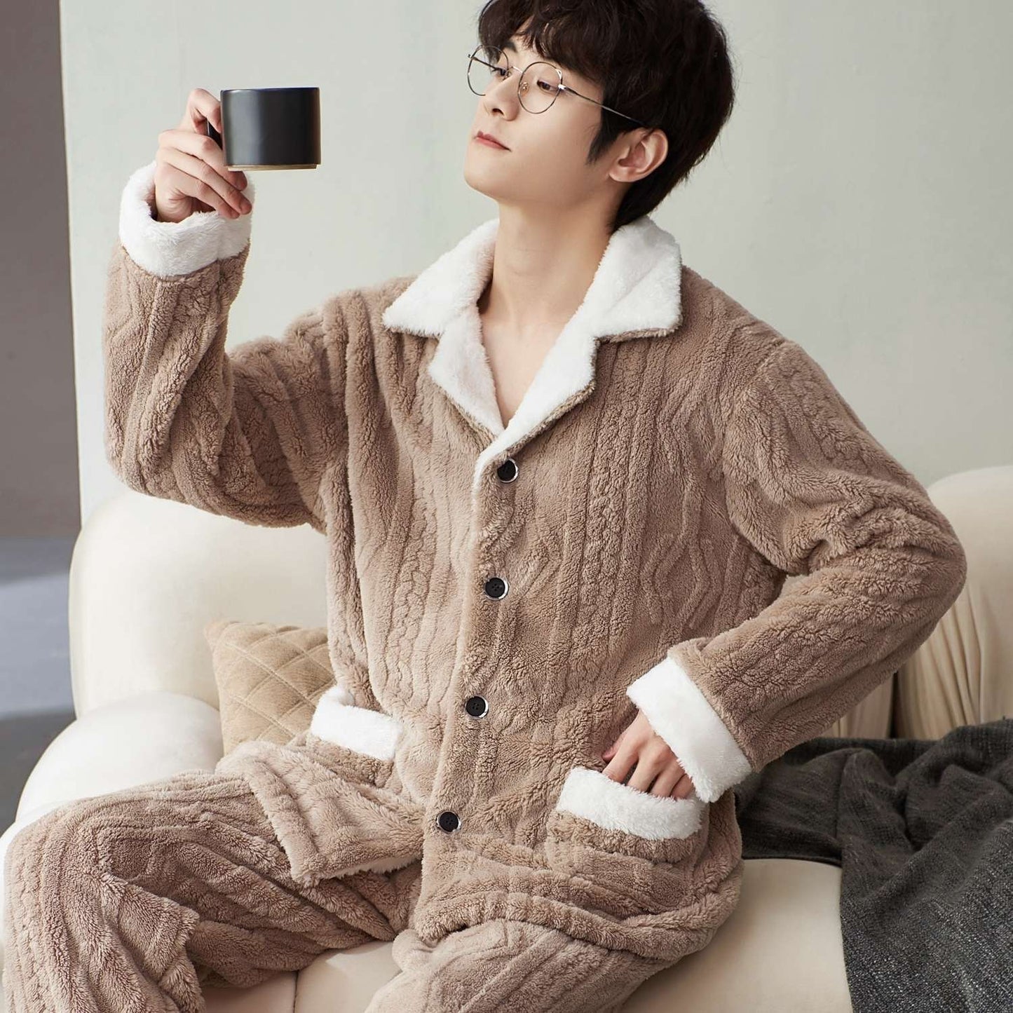 Men's Fashionable Warm Thickened Facecloth Pajamas - Fashion Simple Winter Sleepwear