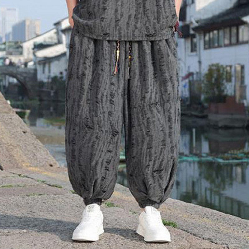 Men's Thin Short-sleeved Two-piece Suit - Black Pants Loose Fit Multiple Sizes