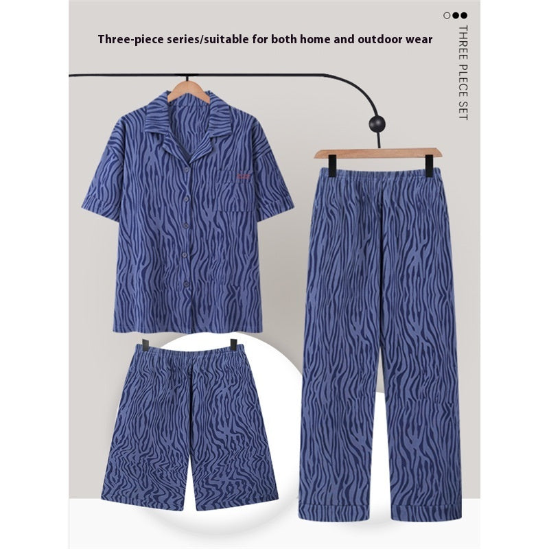 Men's Summer Cotton Pajamas - Adult Three-Piece Short Sleeve Set