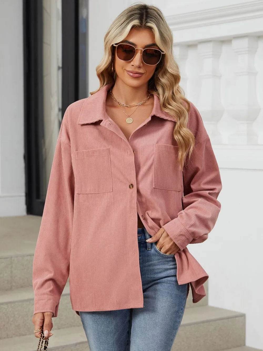 Button Up Dropped Shoulder Long Sleeve Outerwear - Millivan supplies
