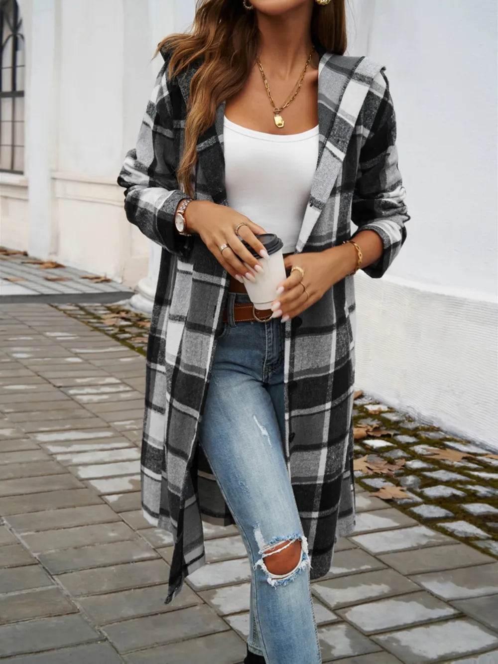 Devine Plaid Long Sleeve Hooded Coat - Millivan supplies