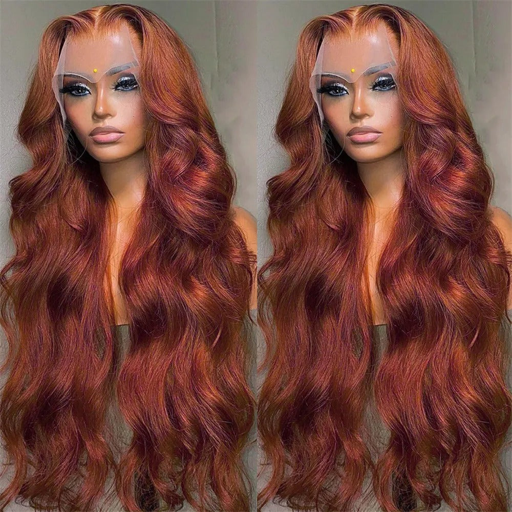 Two views of a red wig on a mannequin head with a plain background