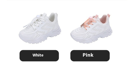 Two pairs of sneakers, one white and one pink, on a white background.