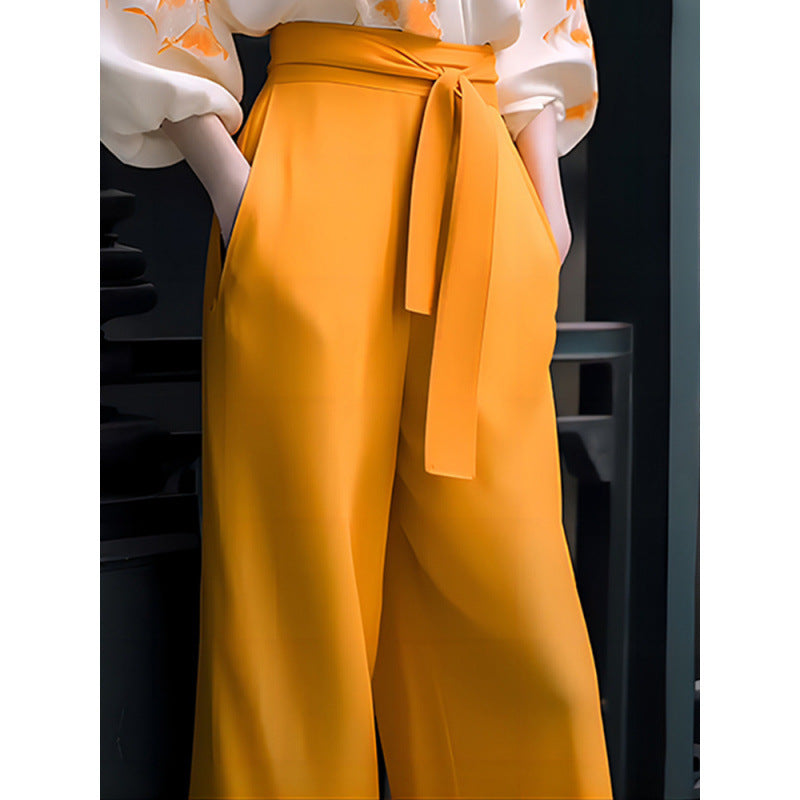 Women's Retro Two-Piece Set - Adult Slimming Shirt & Wide-Leg Pants Suit