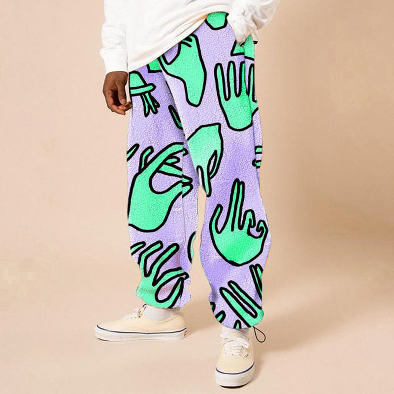 Men's Loose Casual Trousers - Adult Mid Waist Printing Long Pants